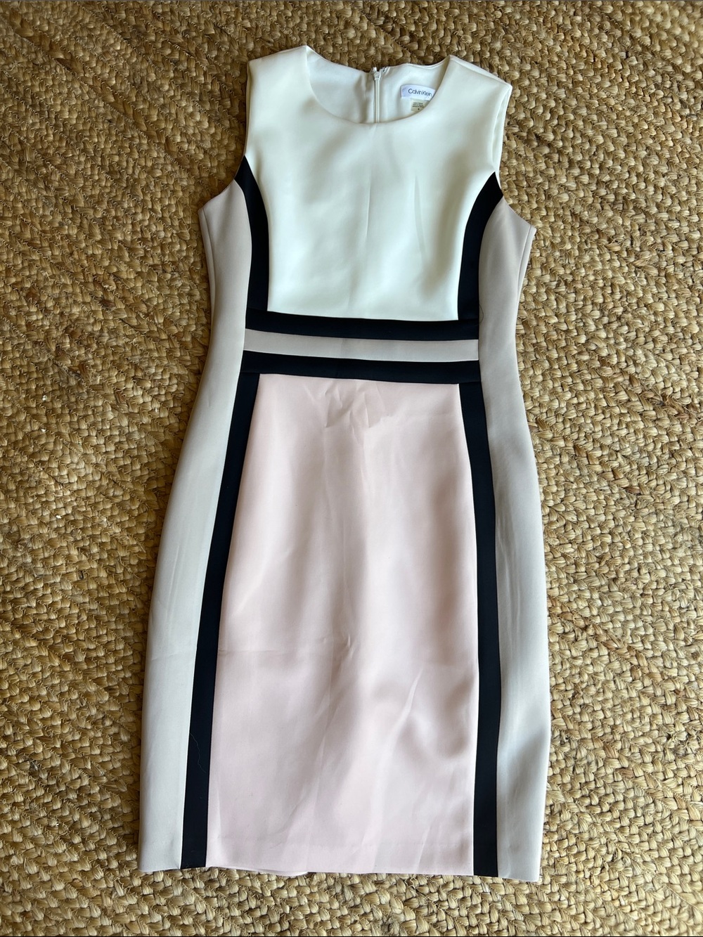 White, Blush & Black Colorblock Sheath Midi Dress